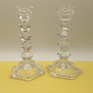 Mikasa Crystal Jewelstone 5.25" Taper Candlesticks Set of 2 Hexagon Base Clear
